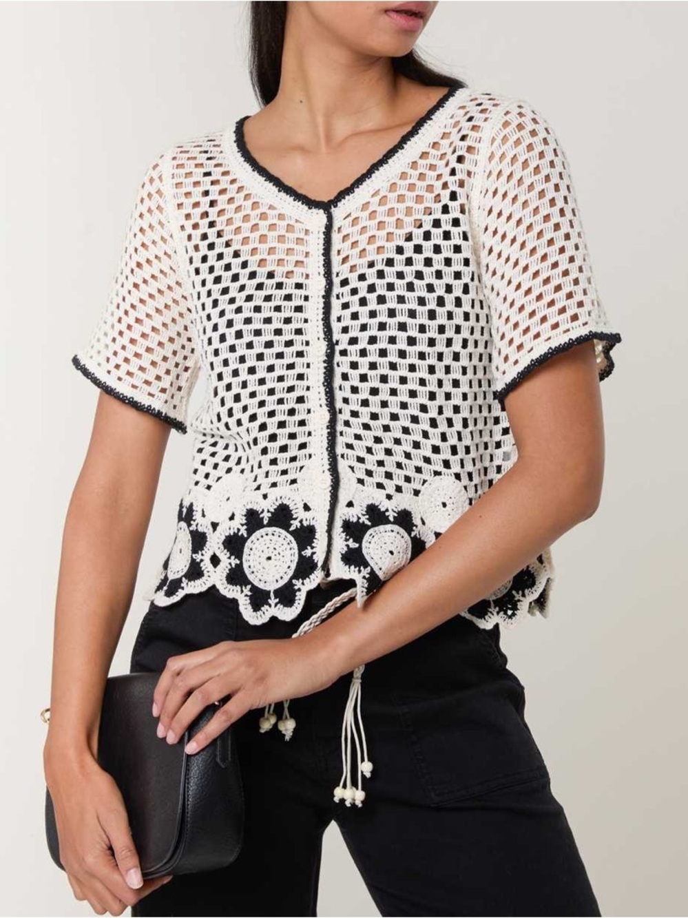 ShopEvelynne White Crochet Button-Front Top with Black Trim